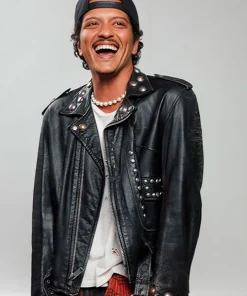 Apt Song Bruno Mars Black Biker Studded Leather Jacket