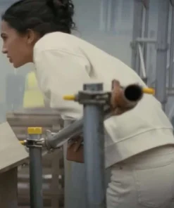 Noemi Gonzalez A Working Man 2025 Carla Garcia White Wool Bomber Jacket