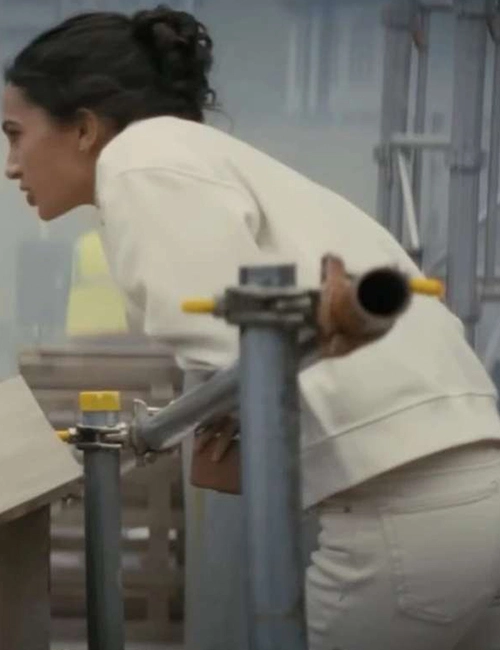 Noemi Gonzalez A Working Man 2025 Carla Garcia White Wool Bomber Jacket