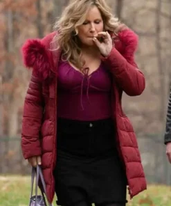 Jennifer Coolidge Riff Raff 2025 Ruth Red Puffer Jacket with Fur Hood