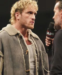 Monday Night RAW 2025 Logan Paul Grey Leather Shearling Jacket
