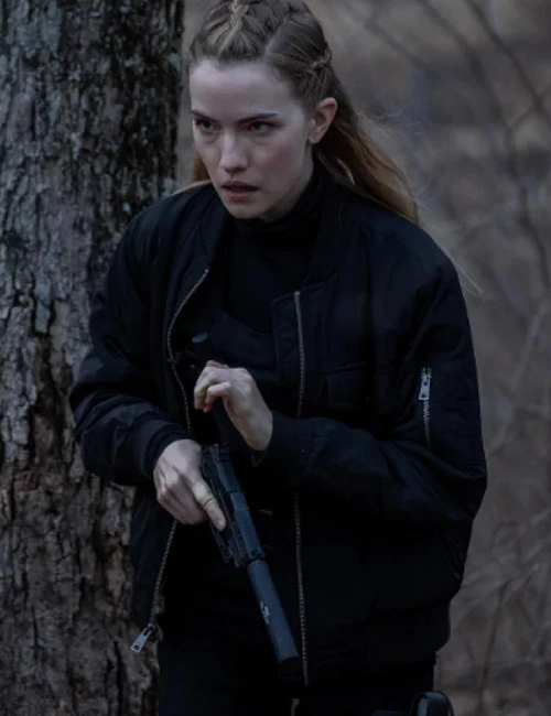 Willa Fitzgerald Alarum 2025 Laura Black Bomber Jacket