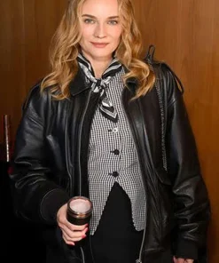 Street Style New York City 2025 Diane Kruger Black Bomber Leather Jacket